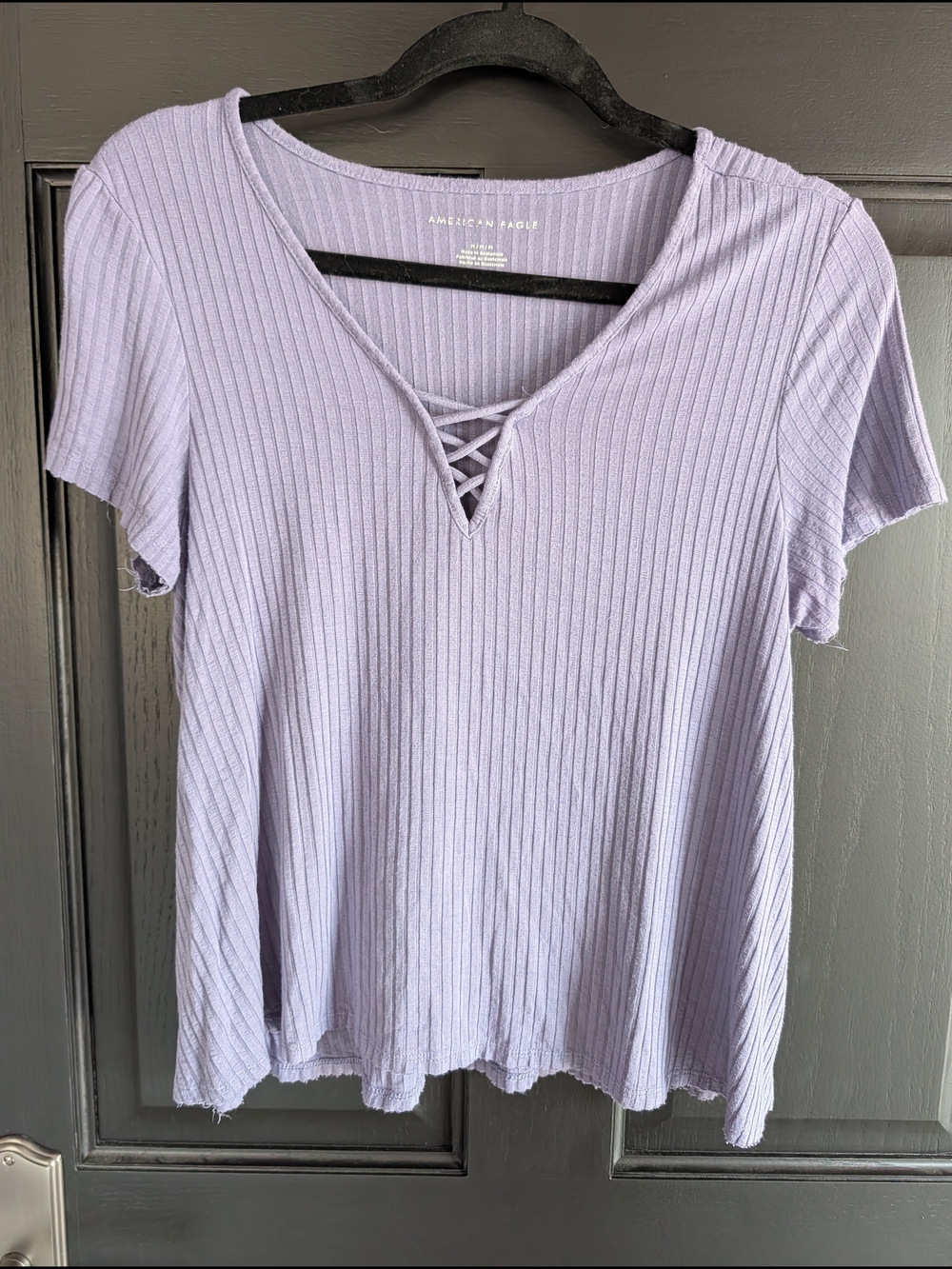 American Age Lavender Ribbed V-Neck Short Sleeve Top with Crisscross